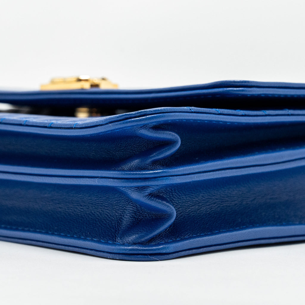 CHANEL BOY CLUTCH WITH CHAIN  CHERVON LAMBSKIN BLUE GHW