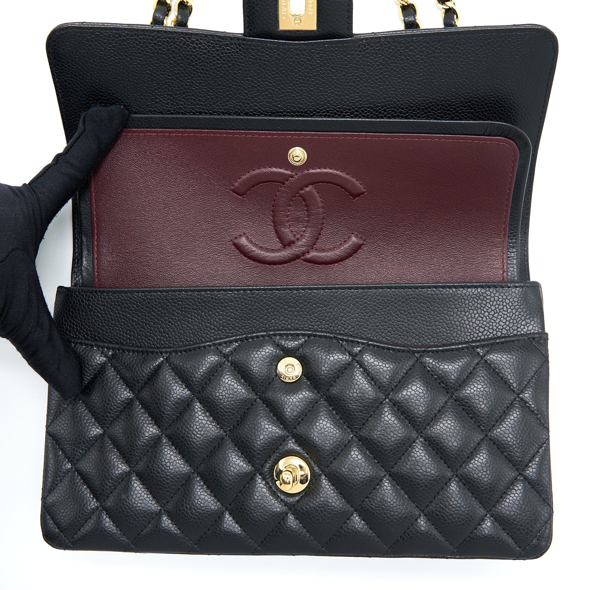 CHANEL MEDIUM CLASSIC DOUBLE FLAP BAG CAVIAR BLACK GHW (MICROCHIP)