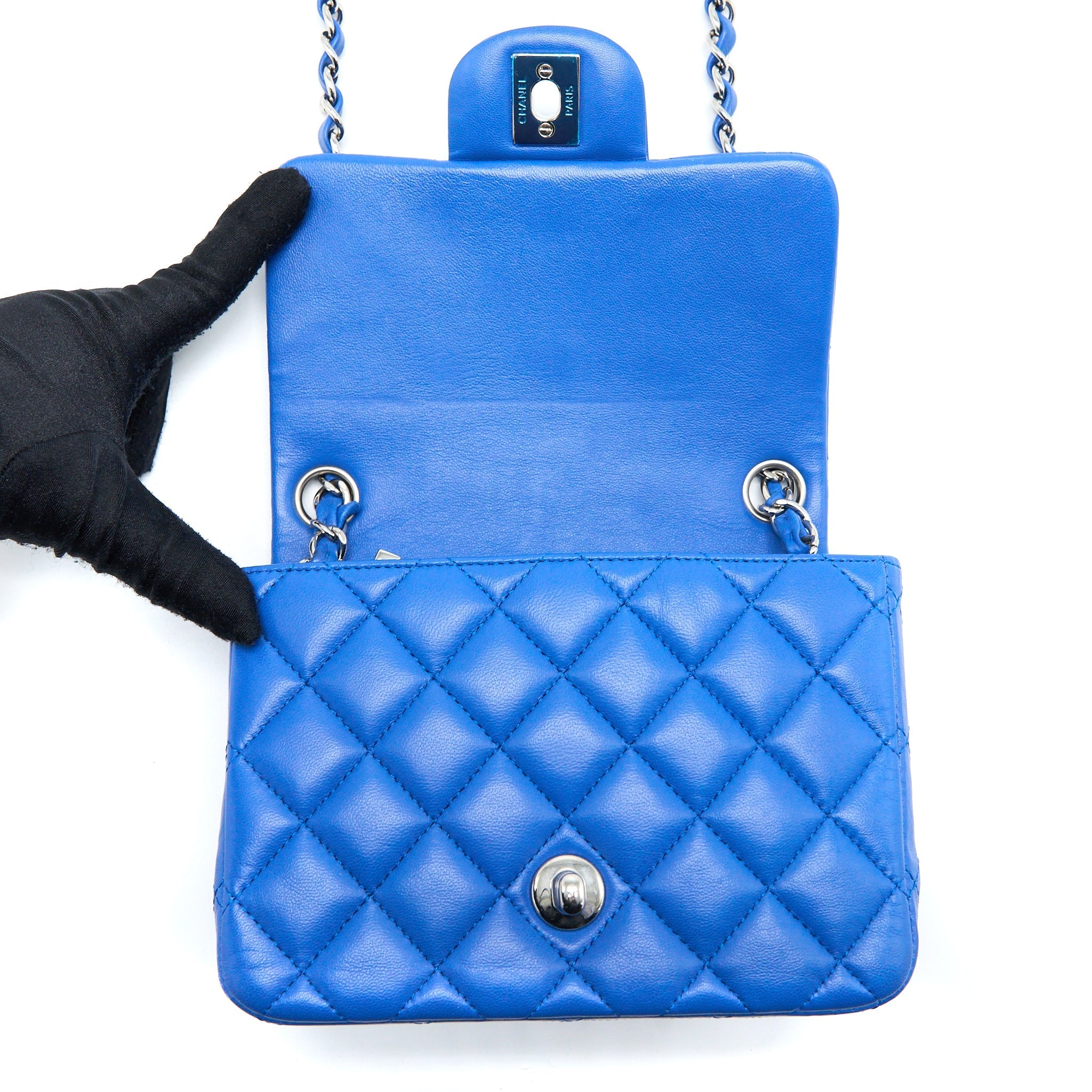 CHANEL MINI SQUARE FLAP BAG LAMBSKIN BLUE SHW