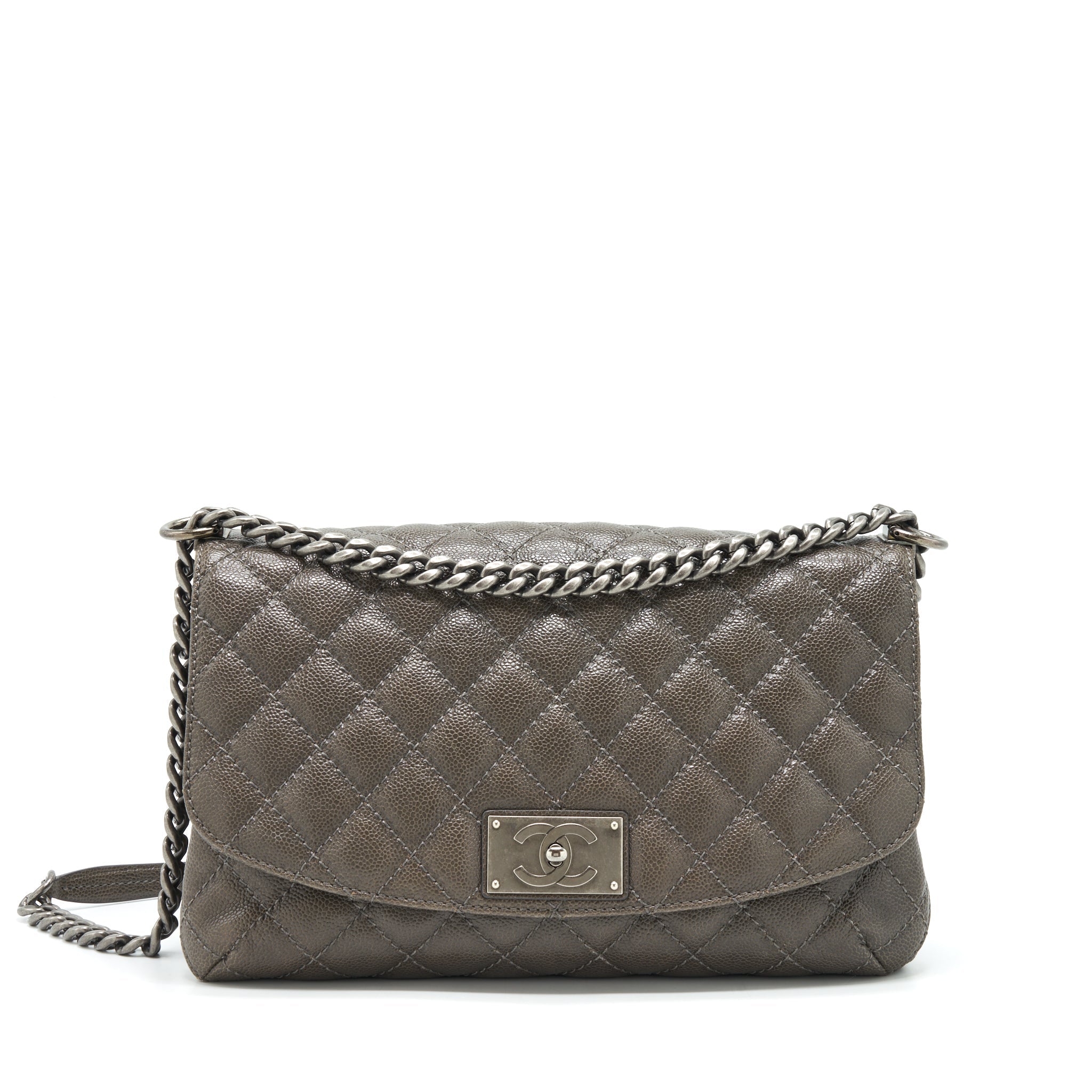 CHANEL FLAP BAG CAVIAR DARK GREY RUTHENIUM SLIVER HARDWARE