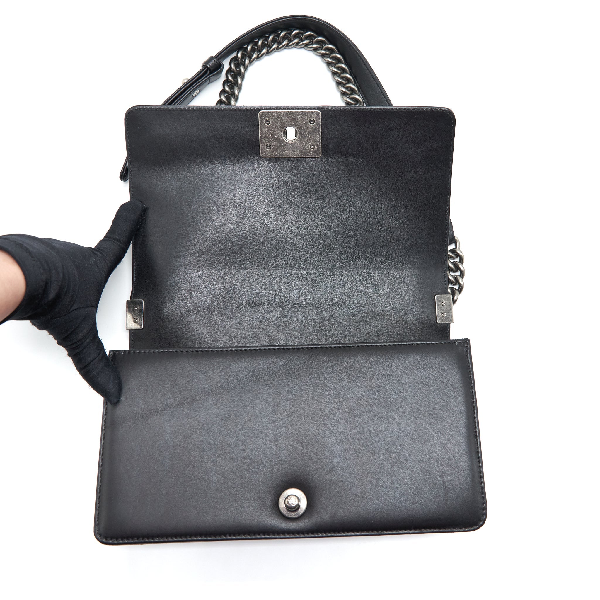 CHANEL MEDIUM BOY BAG LAMBSKIN BLACK RUTHENIUM SLIVER HARDWARE