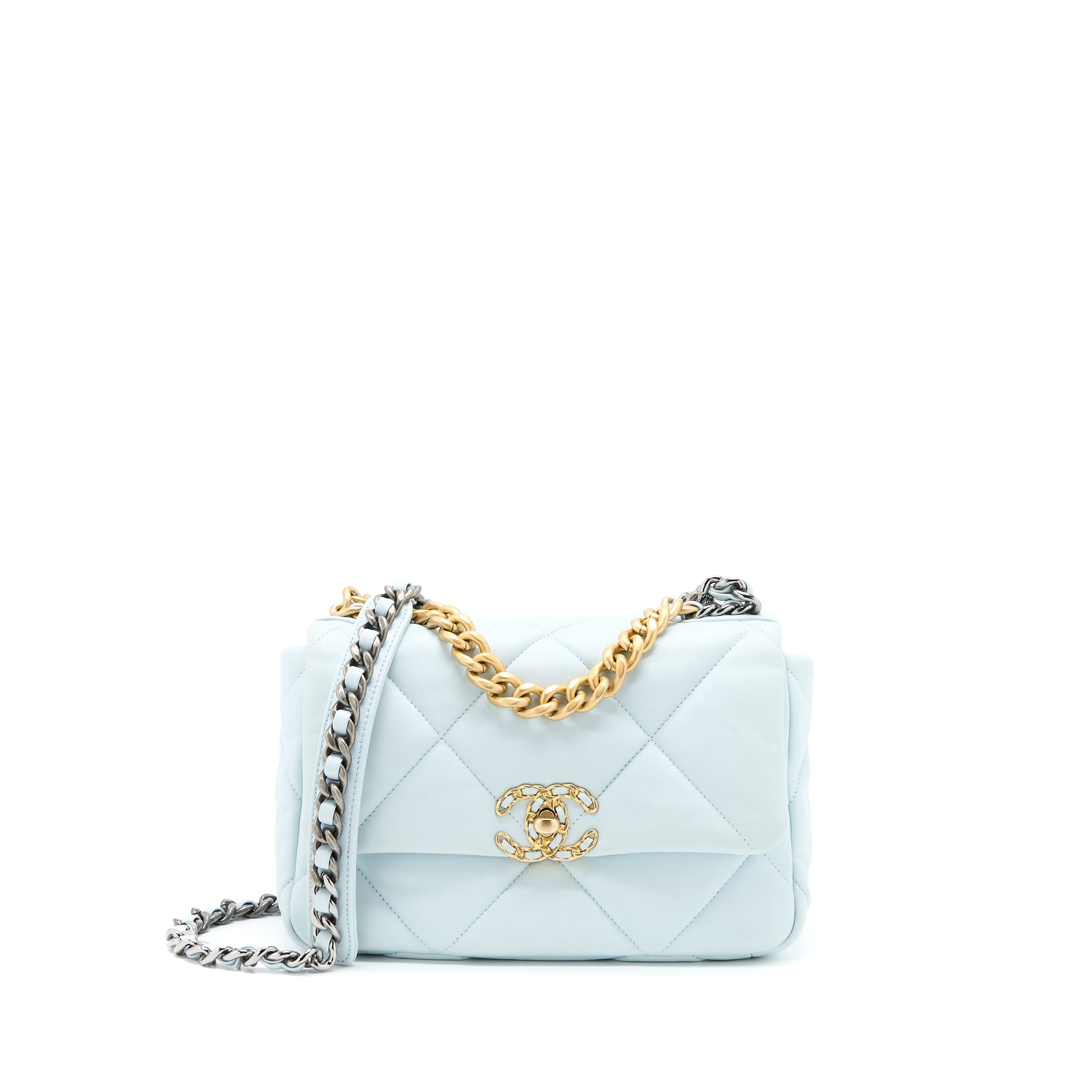 CHANEL SMALL 19 BAG LAMBSKIN LIGHT BLUE MULTICOLOUR HARDWARE (MICROCHIP)
