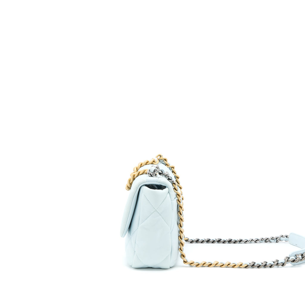 CHANEL SMALL 19 BAG LAMBSKIN LIGHT BLUE MULTICOLOUR HARDWARE (MICROCHIP)