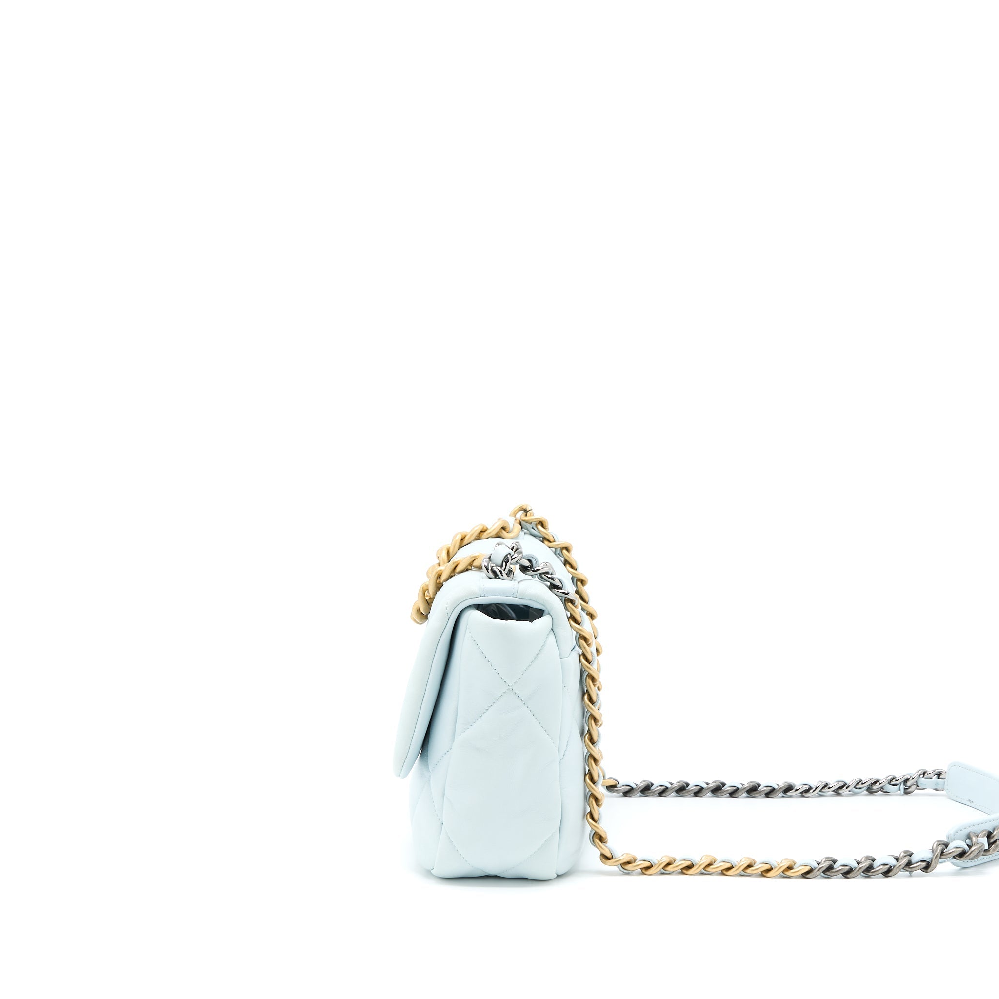 CHANEL SMALL 19 BAG LAMBSKIN LIGHT BLUE MULTICOLOUR HARDWARE (MICROCHIP)