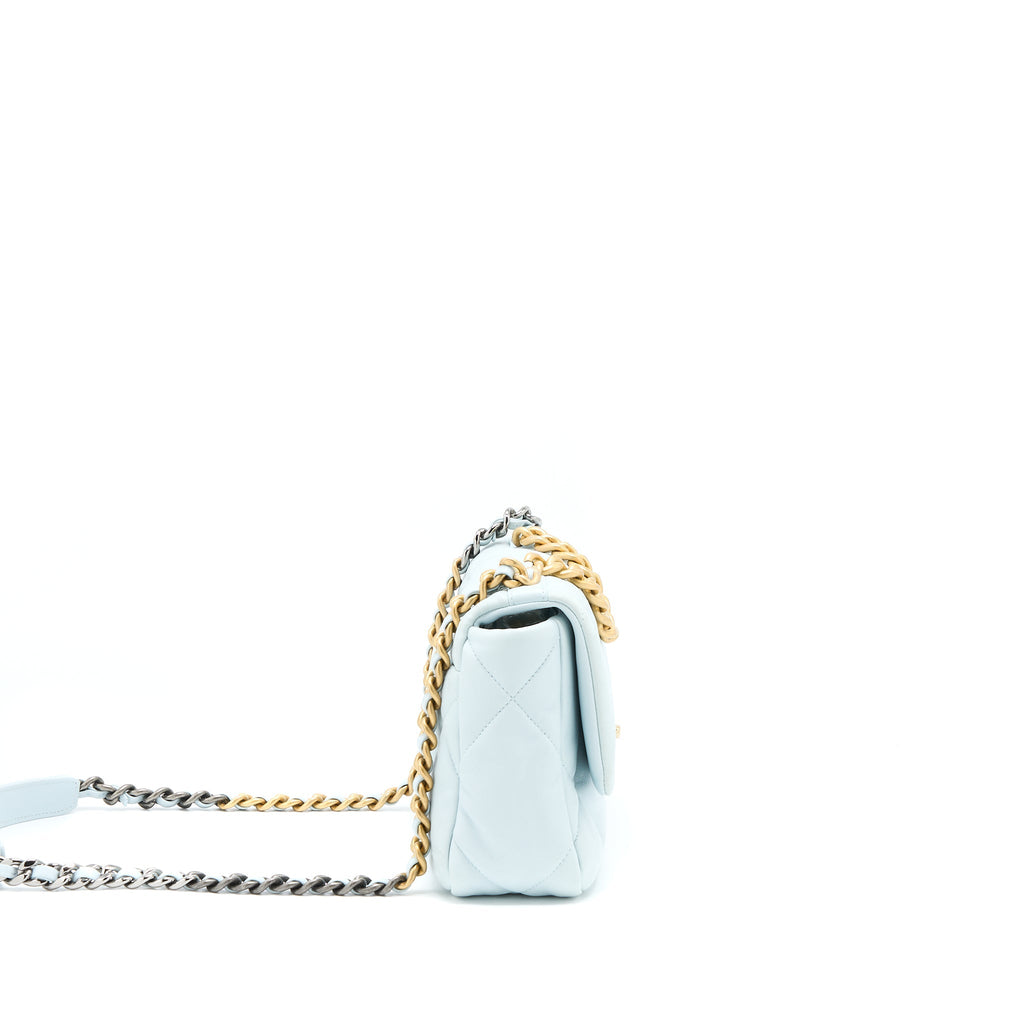 CHANEL SMALL 19 BAG LAMBSKIN LIGHT BLUE MULTICOLOUR HARDWARE (MICROCHIP)