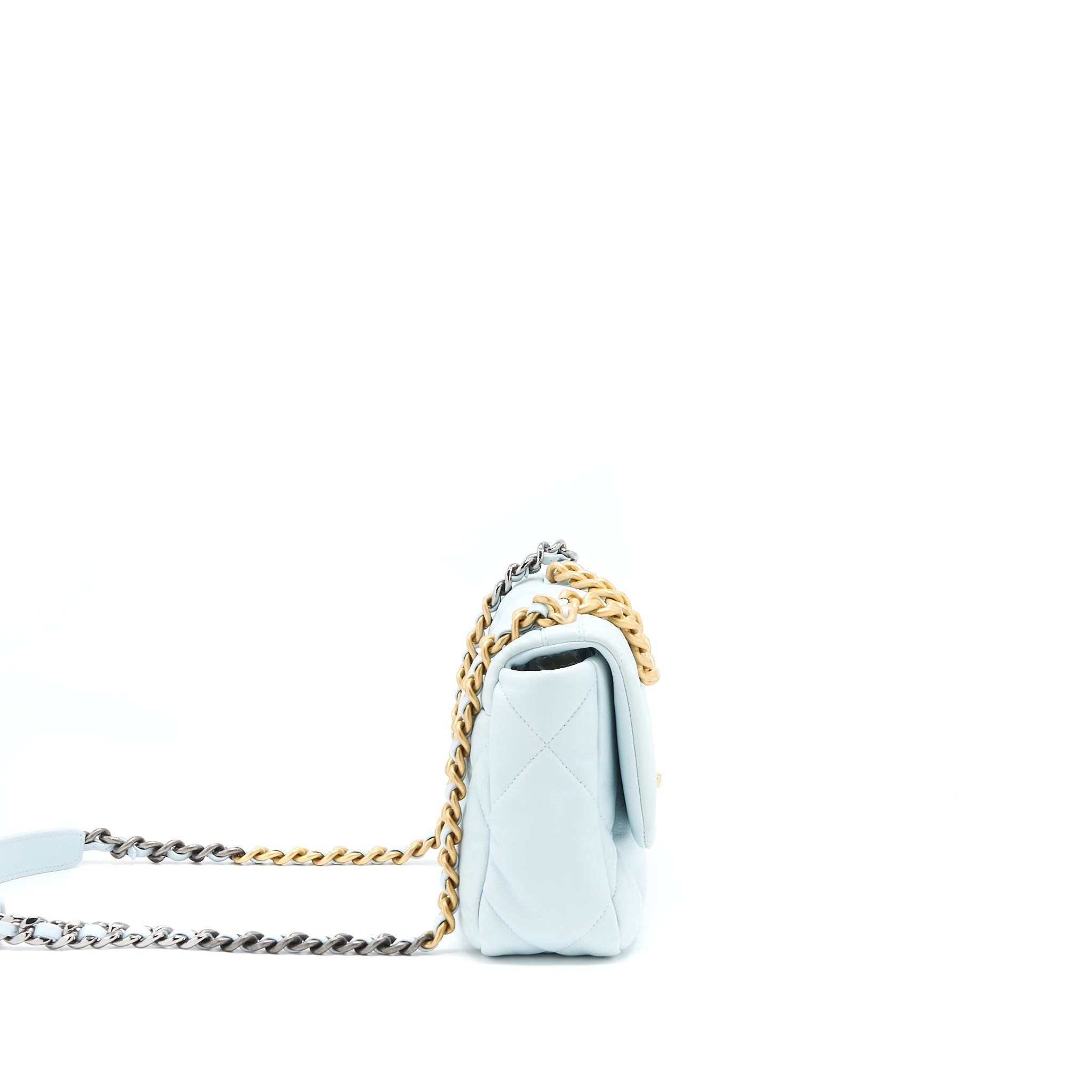 CHANEL SMALL 19 BAG LAMBSKIN LIGHT BLUE MULTICOLOUR HARDWARE (MICROCHIP)