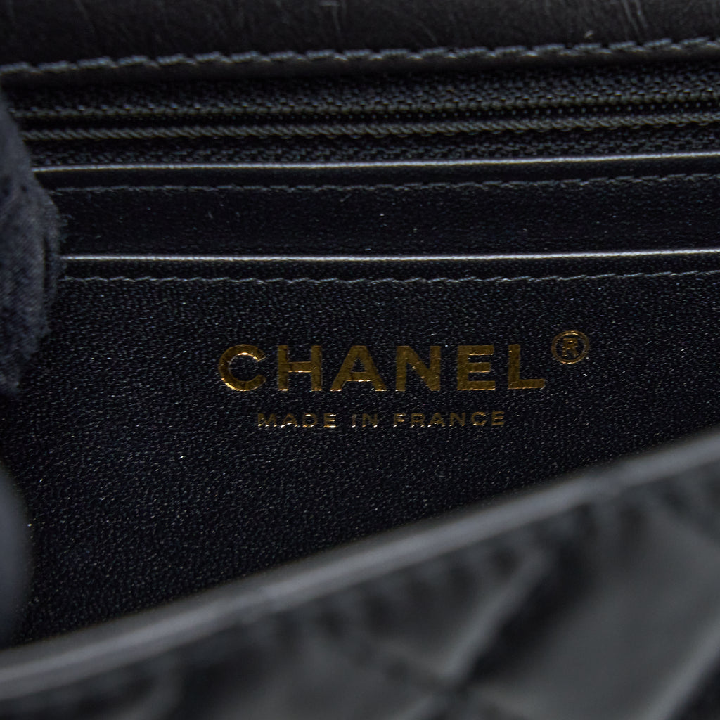 CHANEL MINI 2.55 REISSUE FLAP BAG AGED CALFSKIN BLACK BRUSHED GHW (MICROCHIP)