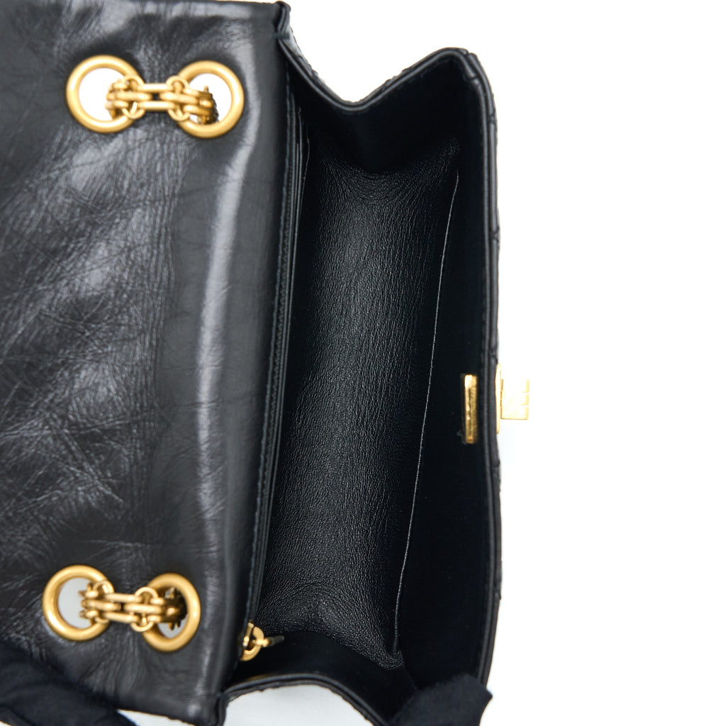 CHANEL MINI 2.55 REISSUE FLAP BAG AGED CALFSKIN BLACK BRUSHED GHW (MICROCHIP)