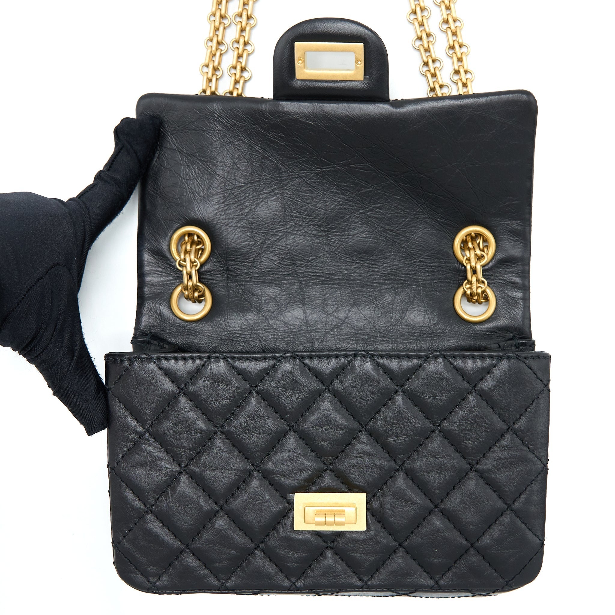 CHANEL MINI 2.55 REISSUE FLAP BAG AGED CALFSKIN BLACK BRUSHED GHW (MICROCHIP)