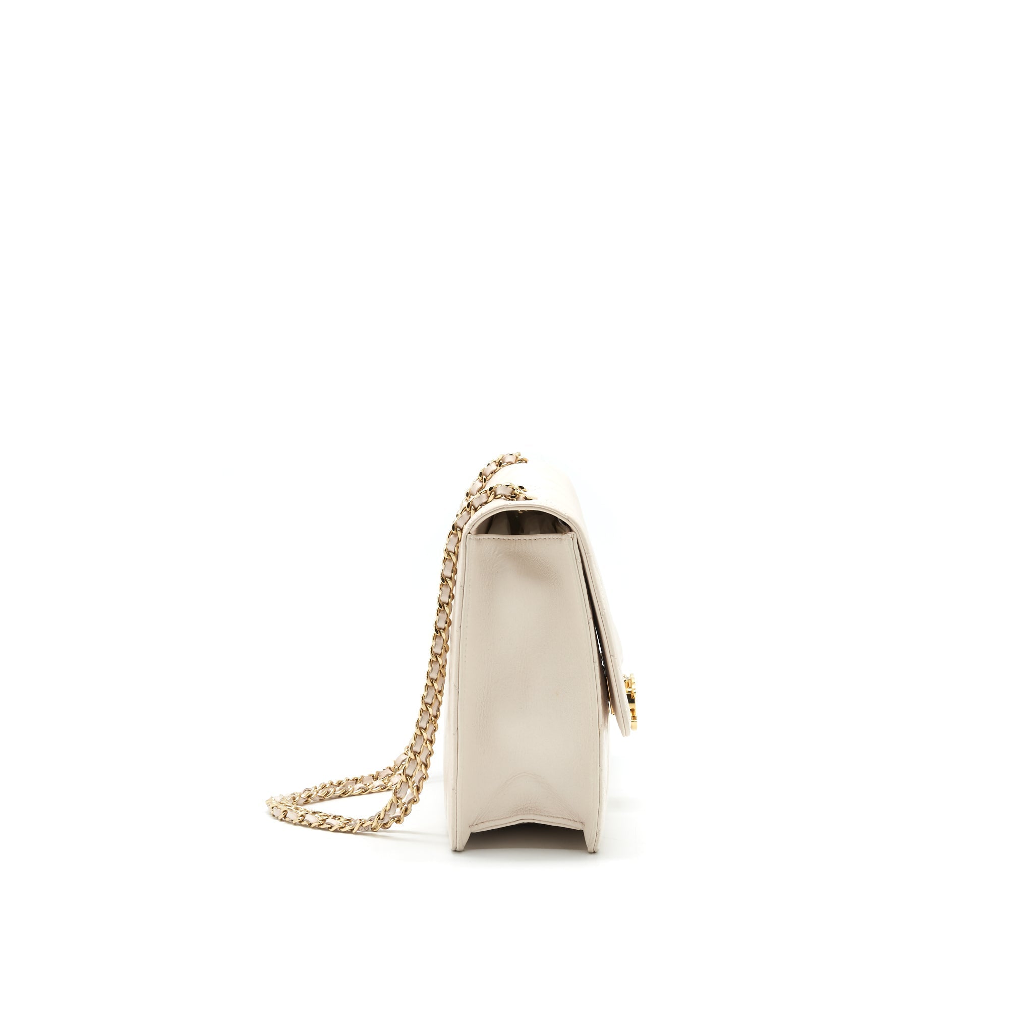 CHANEL CC LOGO FLAP BAG WITH CHAIN QUILTED LAMBSKIN IVORY WHITE