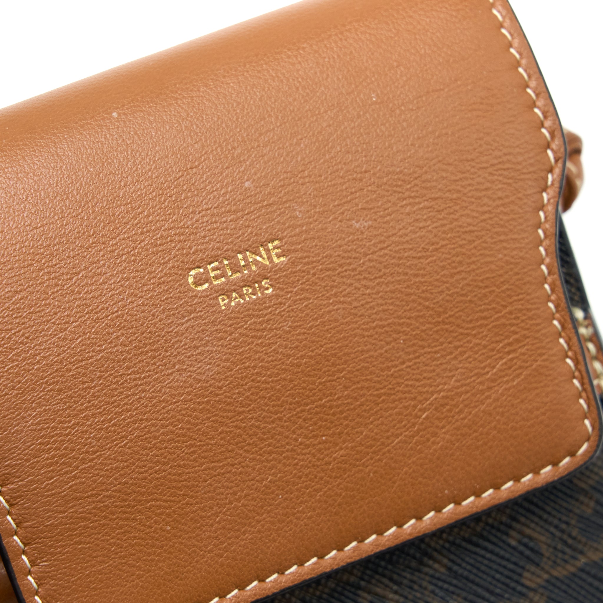 CELINE CROSSBODY VERTICAL PHONE CASE IN TRIOMPHE CANVAS/LAMBSKIN TAN