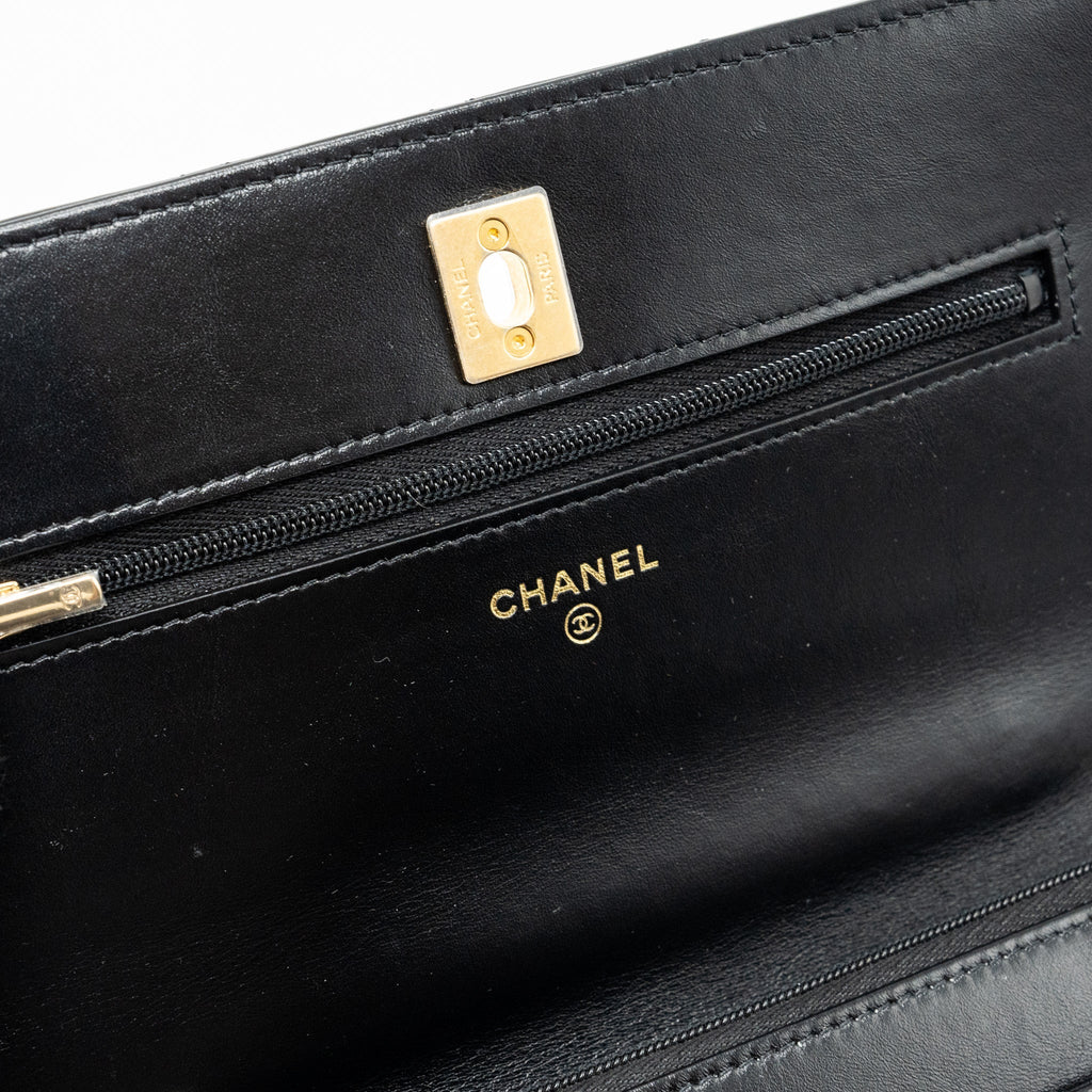 CHANEL LETTER LOGO TOP HANDLE FLAP WALLET ON CHAIN SHINY CALFSKIN BLACK GHW (MICROCHIP)