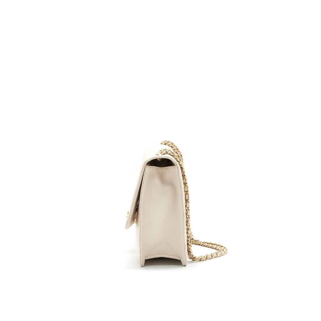 CHANEL CC LOGO FLAP BAG WITH CHAIN QUILTED LAMBSKIN IVORY WHITE