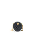 CHANEL 22K GOLD PILLAR ROUND CLUTCH WITH CHAIN LAMBSKIN BLACK BRUSHED GHW