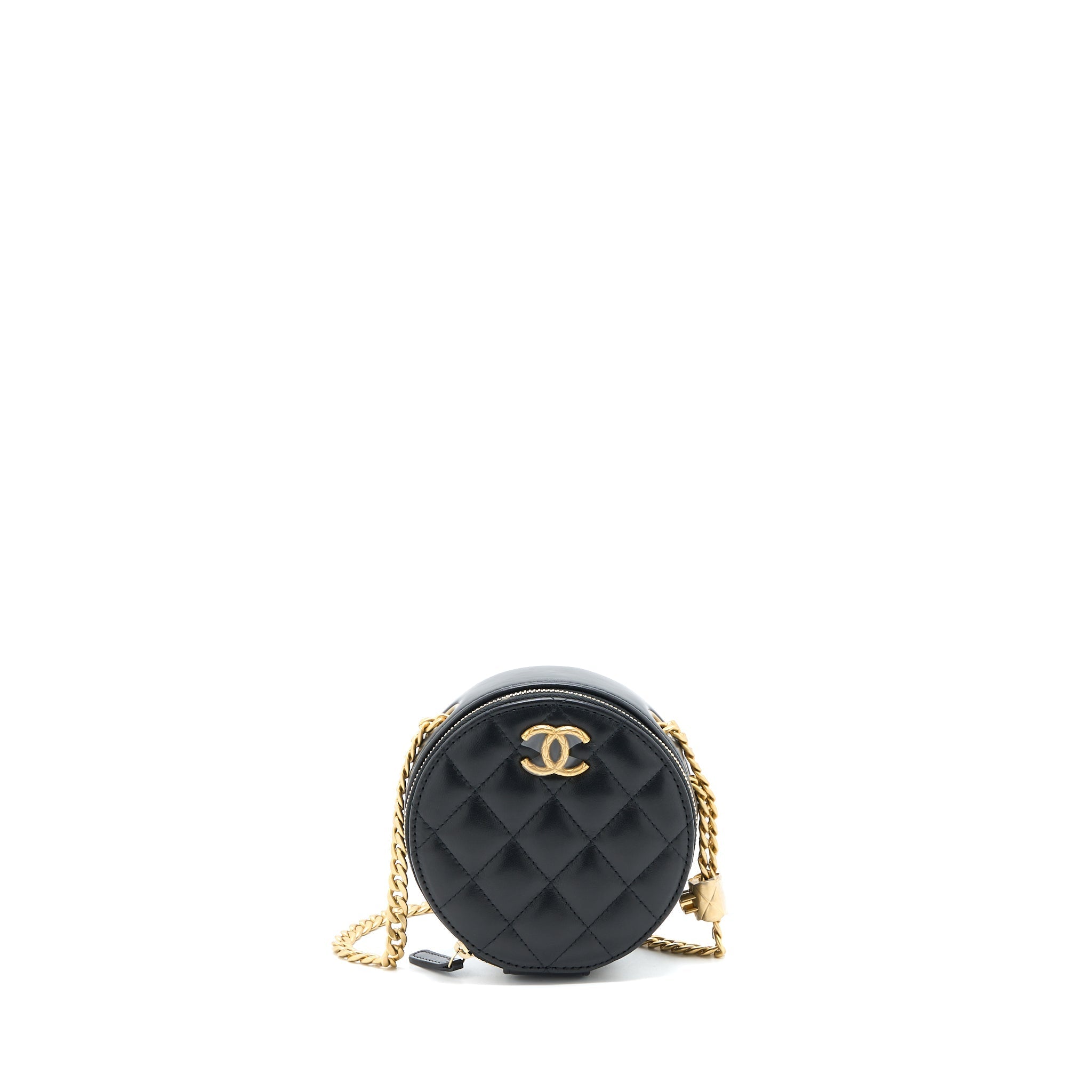 CHANEL 22K GOLD PILLAR ROUND CLUTCH WITH CHAIN LAMBSKIN BLACK BRUSHED GHW