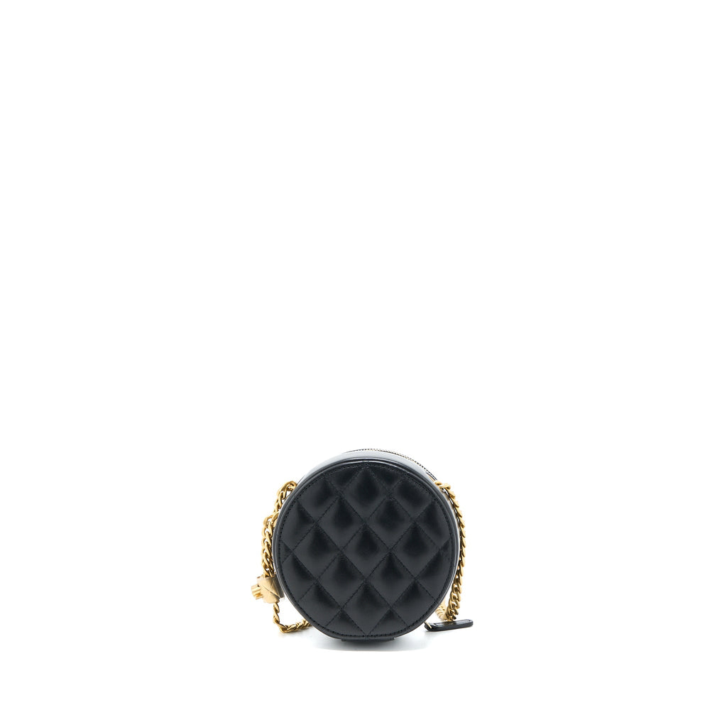 CHANEL 22K GOLD PILLAR ROUND CLUTCH WITH CHAIN LAMBSKIN BLACK BRUSHED GHW