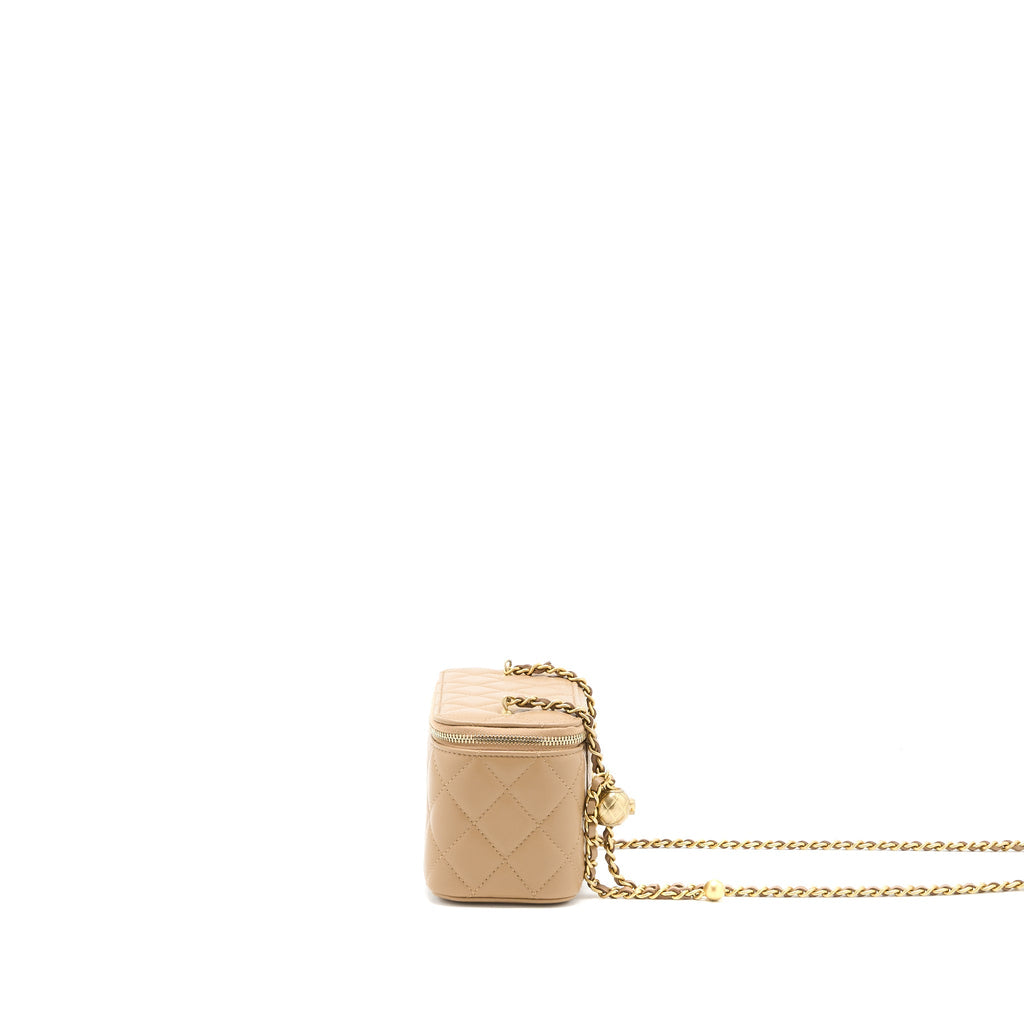 CHANEL PEARL CRUSH LONG VANITY CASE LAMBSKIN DARK BEIGE GHW