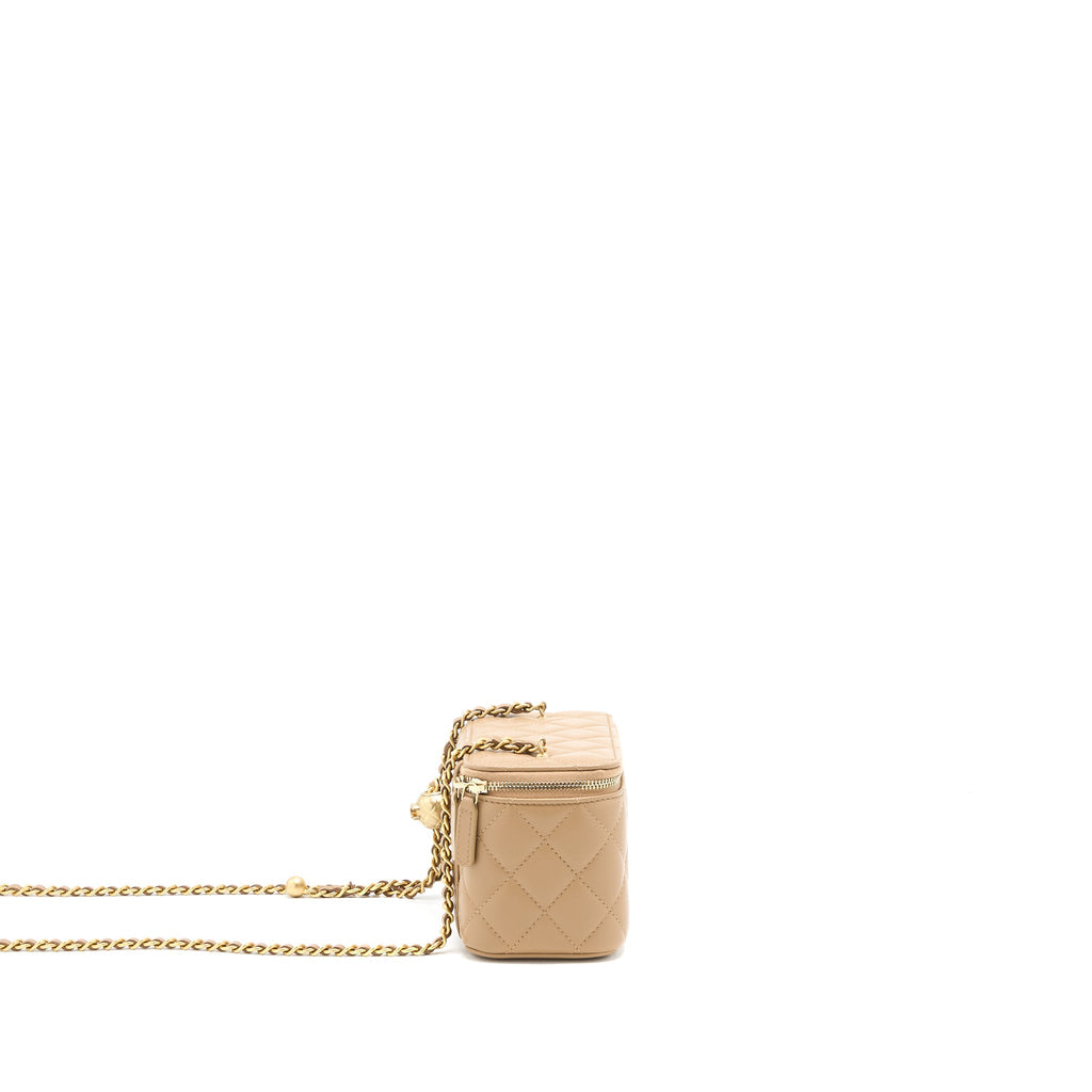 CHANEL PEARL CRUSH LONG VANITY CASE LAMBSKIN DARK BEIGE GHW
