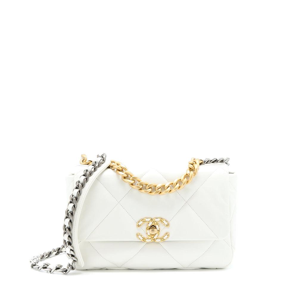 CHANEL SMALL 19 BAG GOATSKIN WHITE MULTICOLOUR HARDWARE