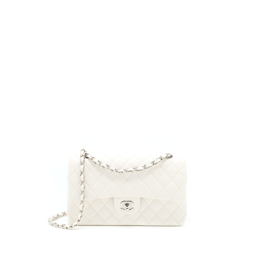 CHANEL MEDIUM CLASSIC DOUBLE FLAP BAG CAVIAR WHITE SHW (MICROCHIP)