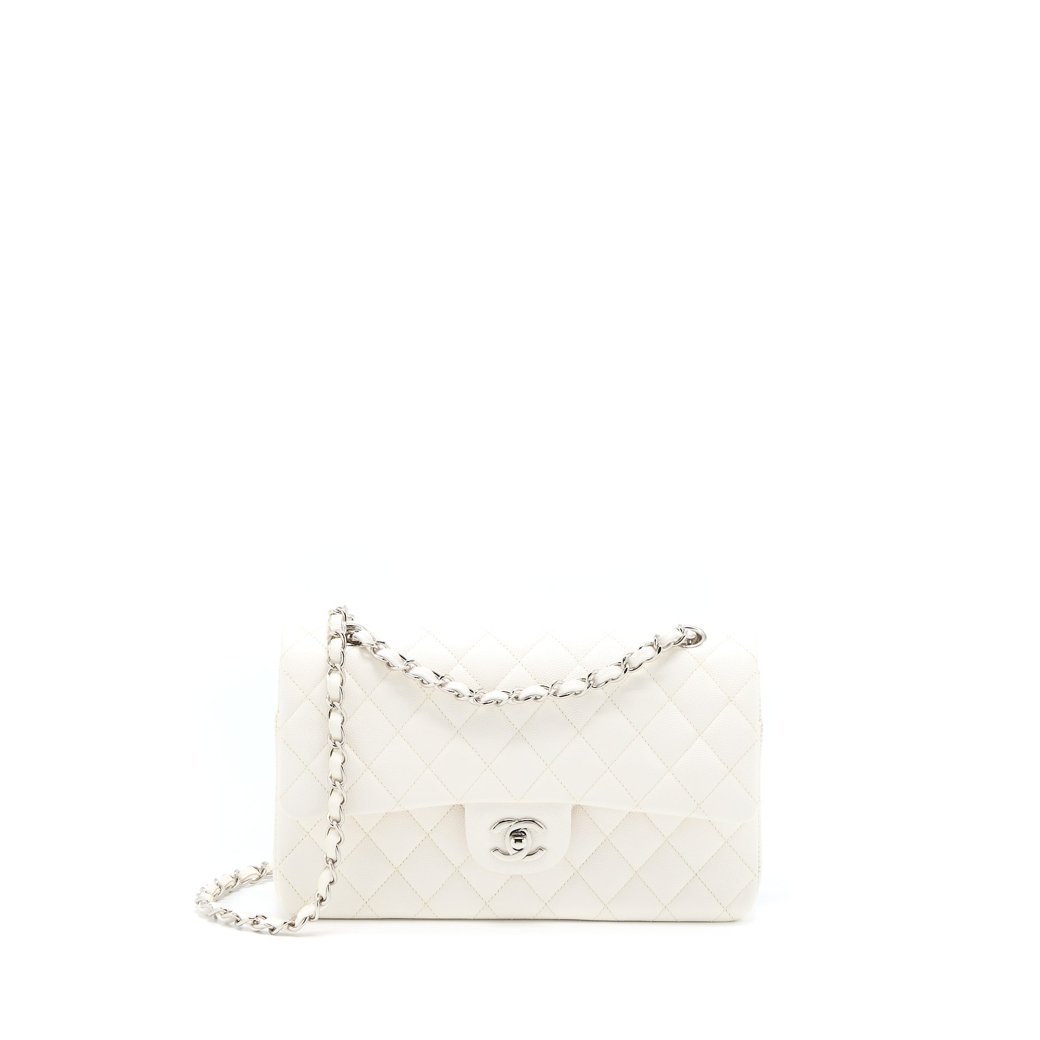CHANEL MEDIUM CLASSIC DOUBLE FLAP BAG CAVIAR WHITE SHW (MICROCHIP)