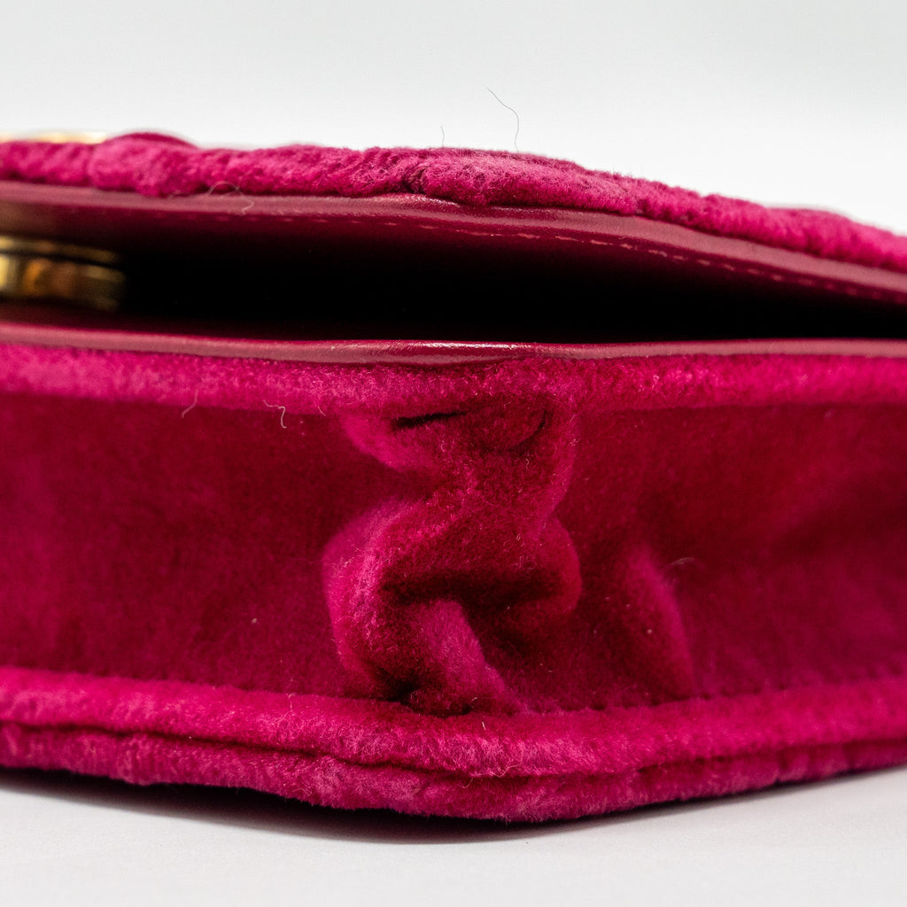 CHANEL 21A MINI CAMELIA FLAP BAG VELVET FUSHIA GHW