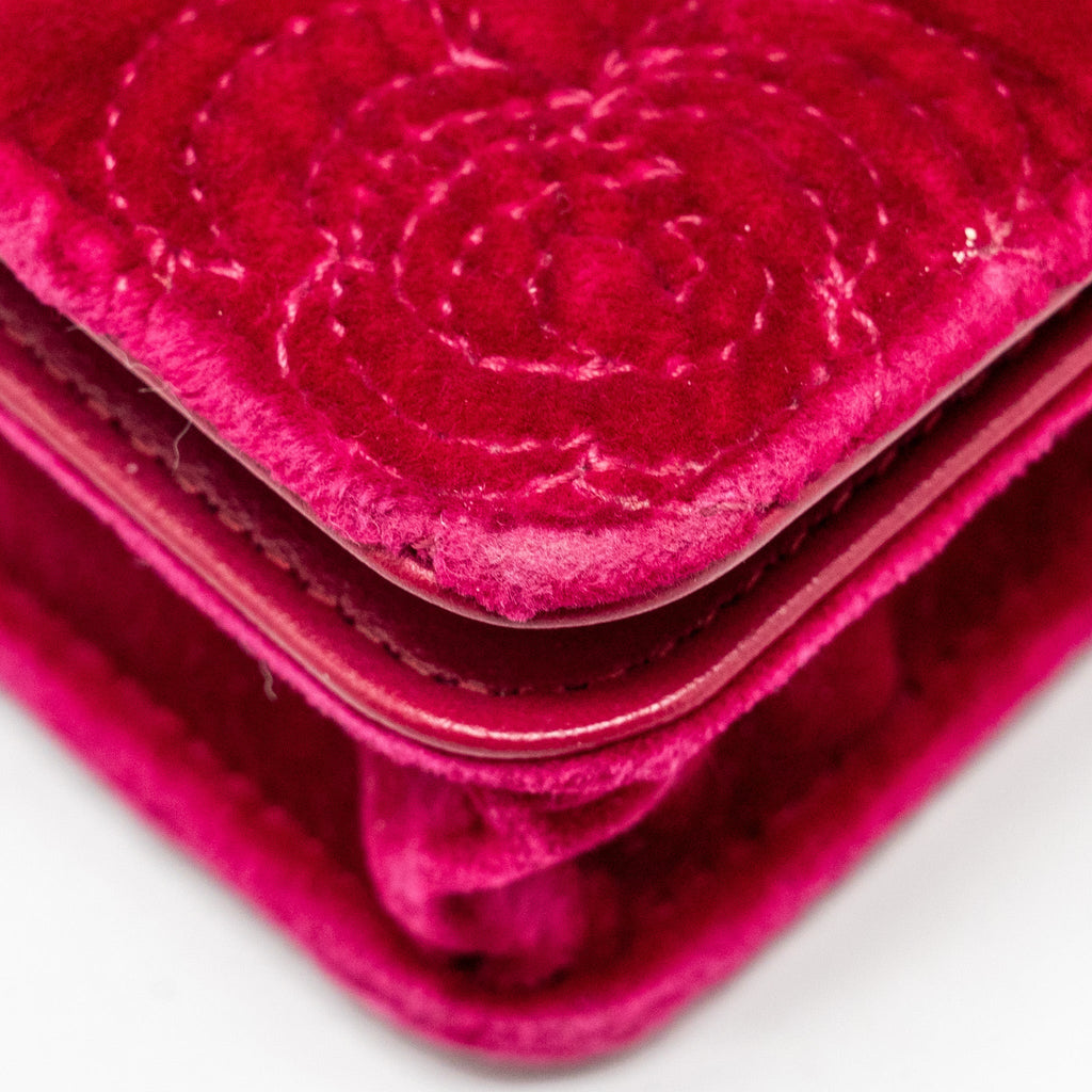 CHANEL 21A MINI CAMELIA FLAP BAG VELVET FUSHIA GHW