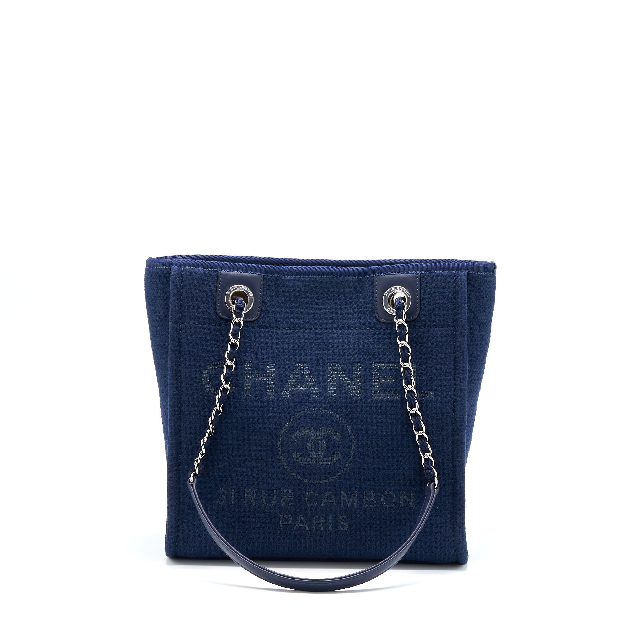 CHANEL PM DEAUVILLE TOTE BAG CANVAS NAVY SHW (MICROCHIP)