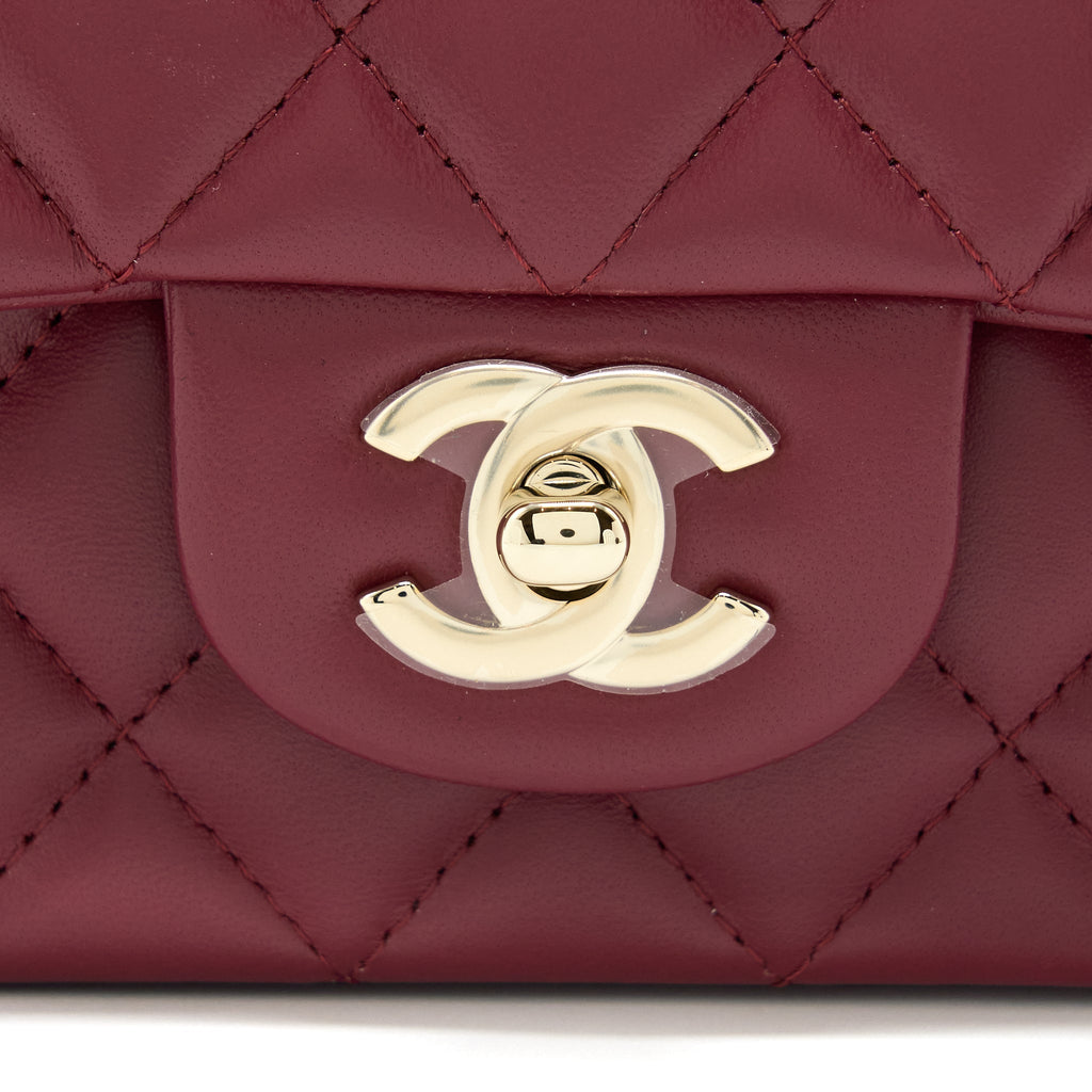 CHANEL 22A TOP HANDLE MINI RECTANGULAR FLAP BAG LAMBSKIN BURGUNDY LGHW