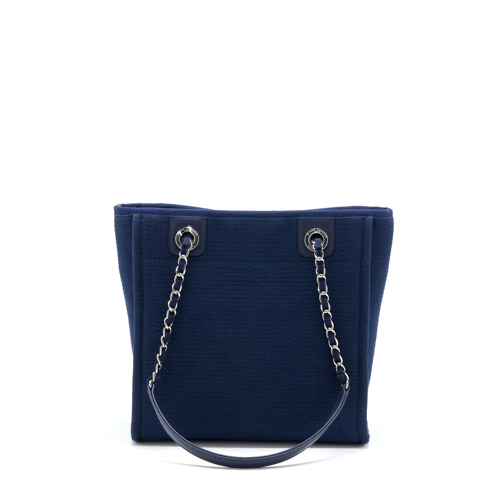 CHANEL PM DEAUVILLE TOTE BAG CANVAS NAVY SHW (MICROCHIP)