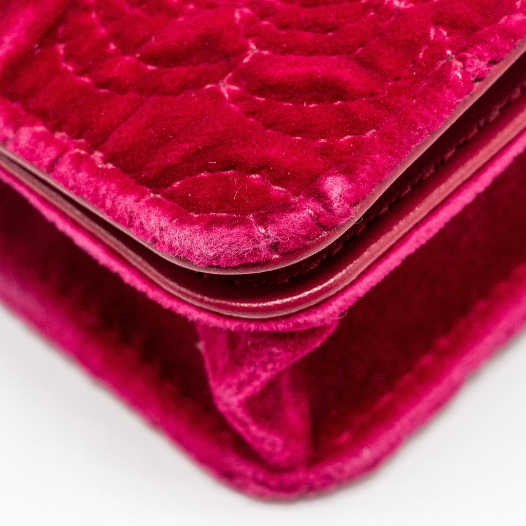 CHANEL 21A MINI CAMELIA FLAP BAG VELVET FUSHIA GHW