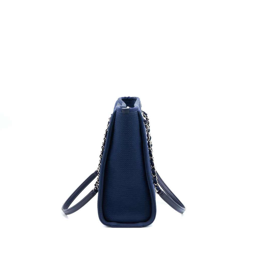 CHANEL PM DEAUVILLE TOTE BAG CANVAS NAVY SHW (MICROCHIP)