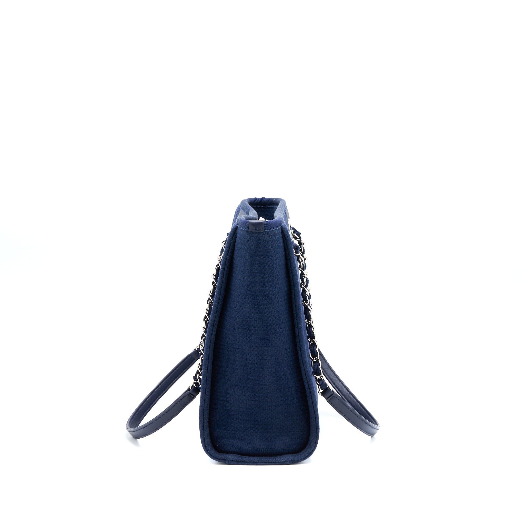 CHANEL PM DEAUVILLE TOTE BAG CANVAS NAVY SHW (MICROCHIP)