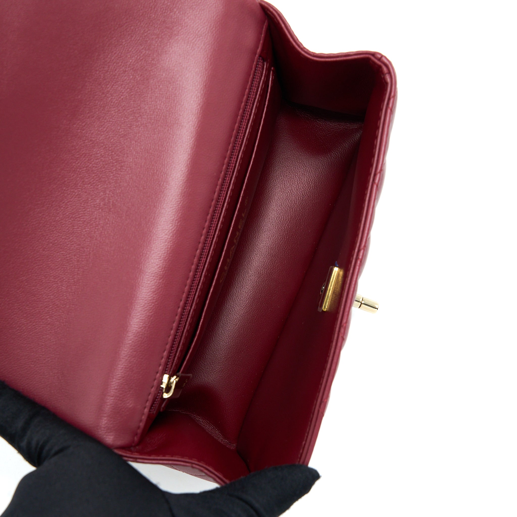 CHANEL 22A TOP HANDLE MINI RECTANGULAR FLAP BAG LAMBSKIN BURGUNDY LGHW