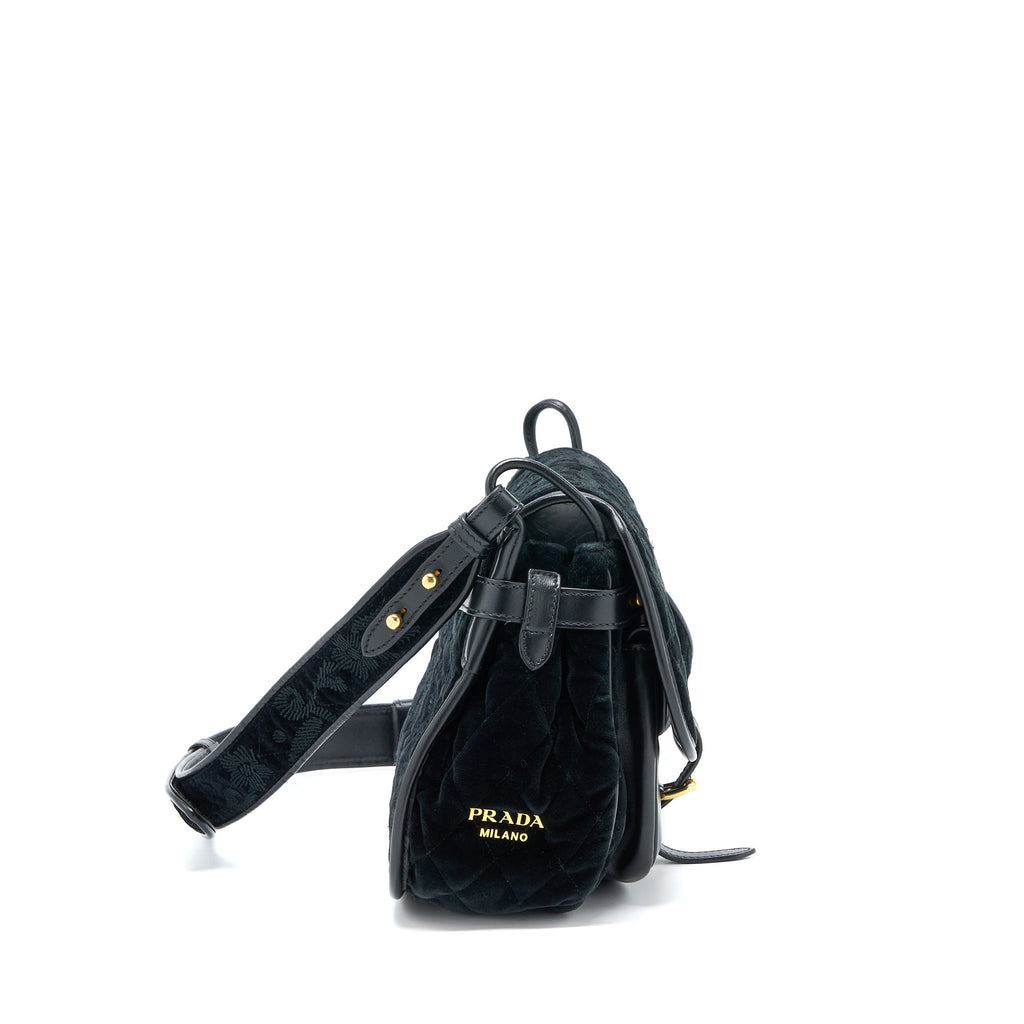 PRADA CORSAIRE HOBO BAG VELVET/LEATHER BLACK GHW