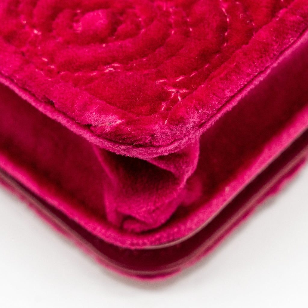 CHANEL 21A MINI CAMELIA FLAP BAG VELVET FUSHIA GHW