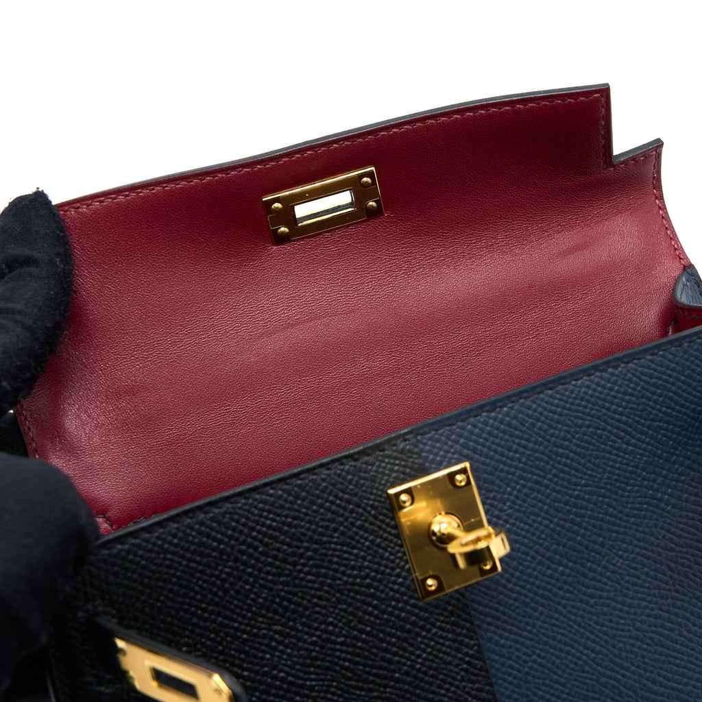 HERMES MINI KELLY EPSOM BLUE INDIGO/BLACK/ROUGE GRENAT GHW