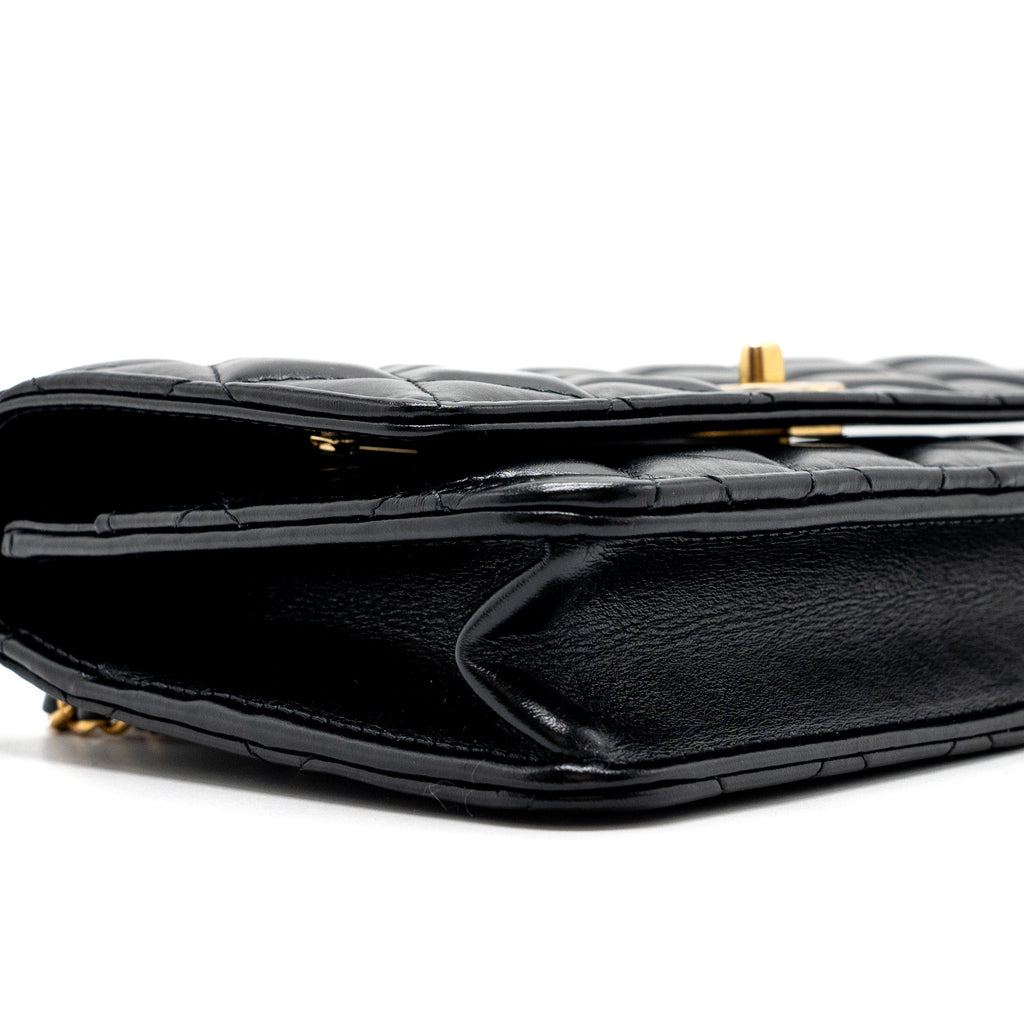 CHANEL LETTER LOGO TOP HANDLE FLAP WALLET ON CHAIN SHINY CALFSKIN BLACK GHW (MICROCHIP)