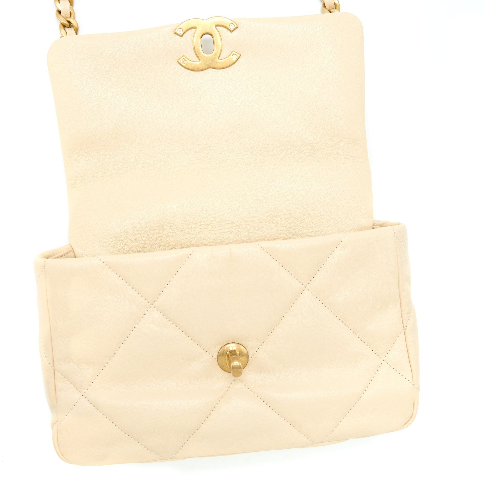 CHANEL SMALL 19 BAG GOATSKIN BEIGE WITH MULTICOLOUR HARDWARE