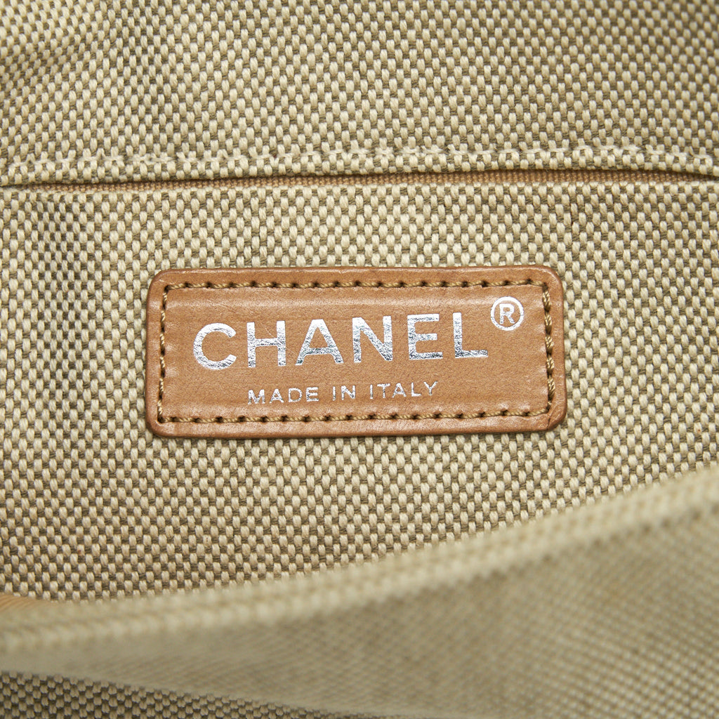 CHANEL BEIGE QUILTED CANVAS NO.5 CAMELLIA FLAP CREAMY SHOULDER BAG