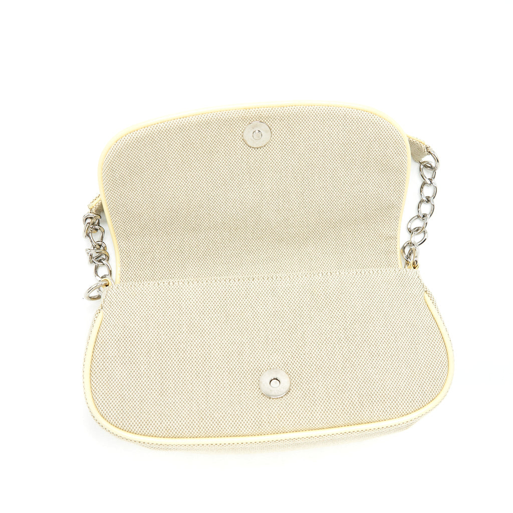 CHANEL BEIGE QUILTED CANVAS NO.5 CAMELLIA FLAP CREAMY SHOULDER BAG