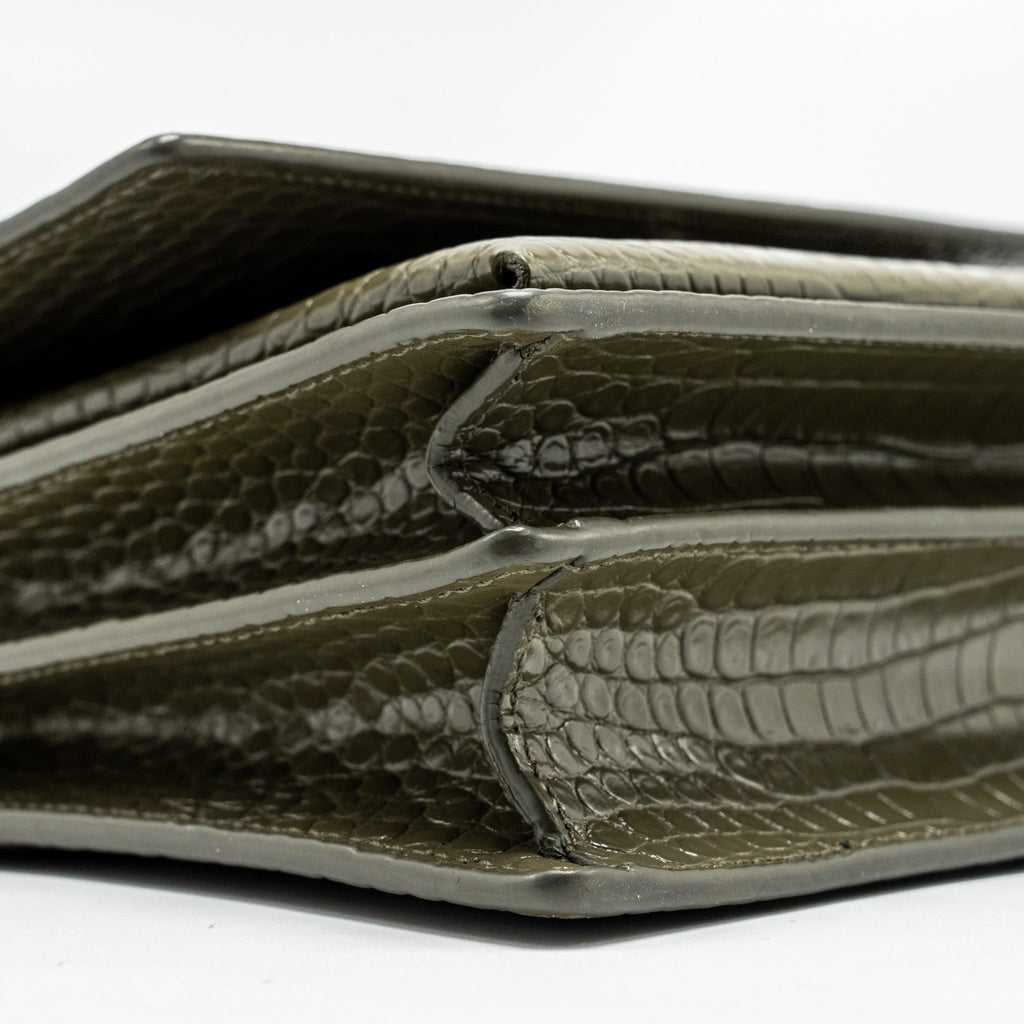 SAINT LAURENT/YSL SUNSET BAG CROC-EMBOSSED CALFSKIN KHAKI SHW