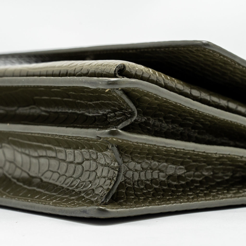 SAINT LAURENT/YSL SUNSET BAG CROC-EMBOSSED CALFSKIN KHAKI SHW