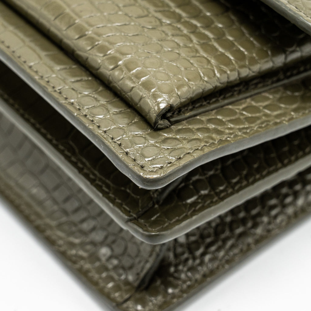 SAINT LAURENT/YSL SUNSET BAG CROC-EMBOSSED CALFSKIN KHAKI SHW