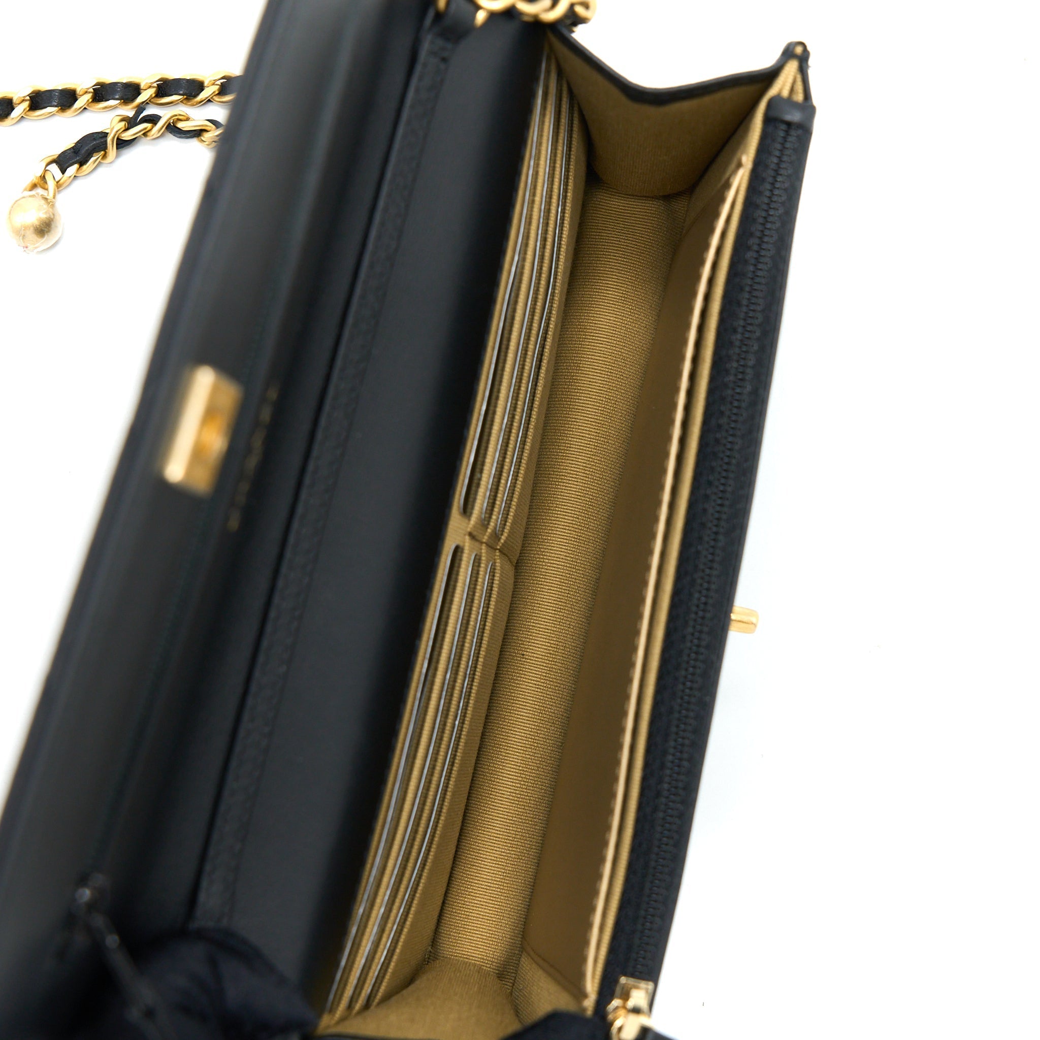 CHANEL PEARL CRUSH WALLET ON CHAIN LAMBSKIN BLACK BRUSHED GHW (MICROCHIP)