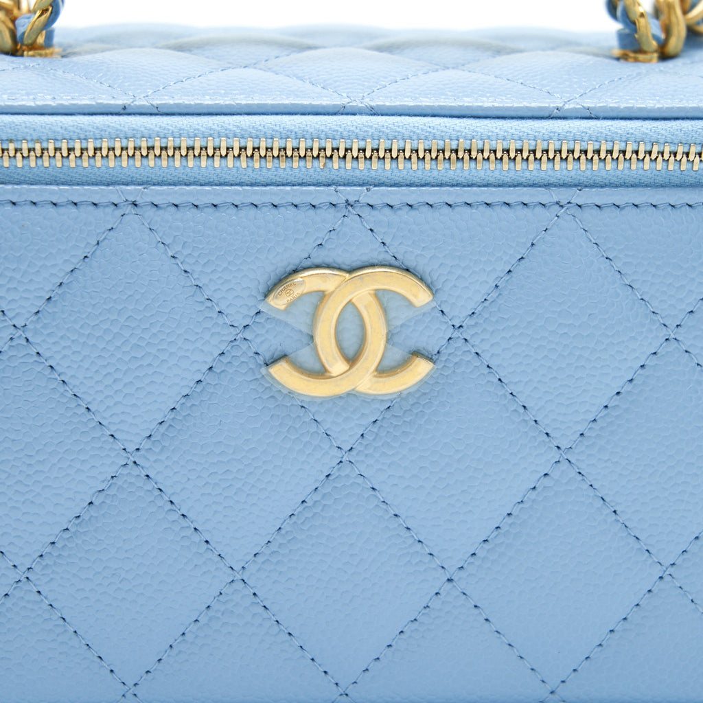 CHANEL 22S LETTER LOGO TOP HANDLE LONG VANITY WITH CHAIN CAVIAR LIGHT BLUE GHW