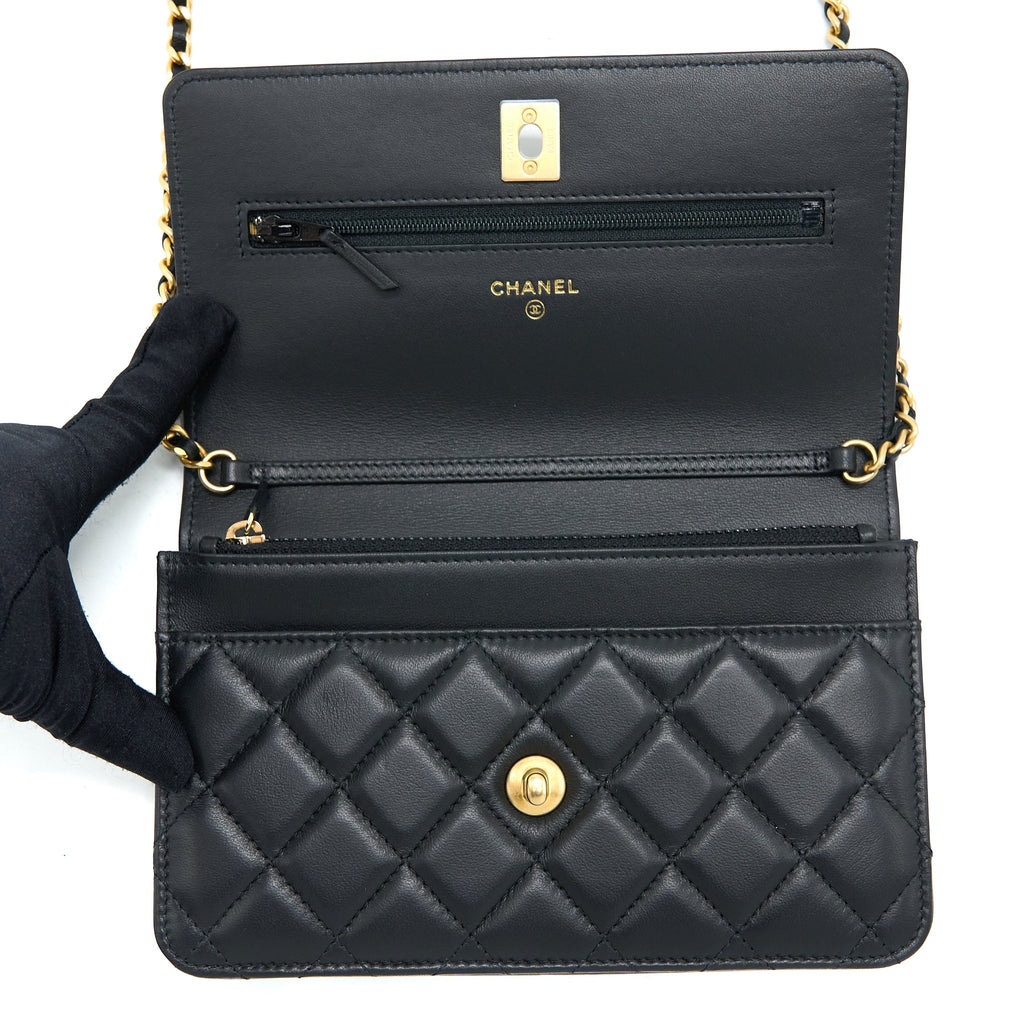 CHANEL PEARL CRUSH WALLET ON CHAIN LAMBSKIN BLACK BRUSHED GHW (MICROCHIP)