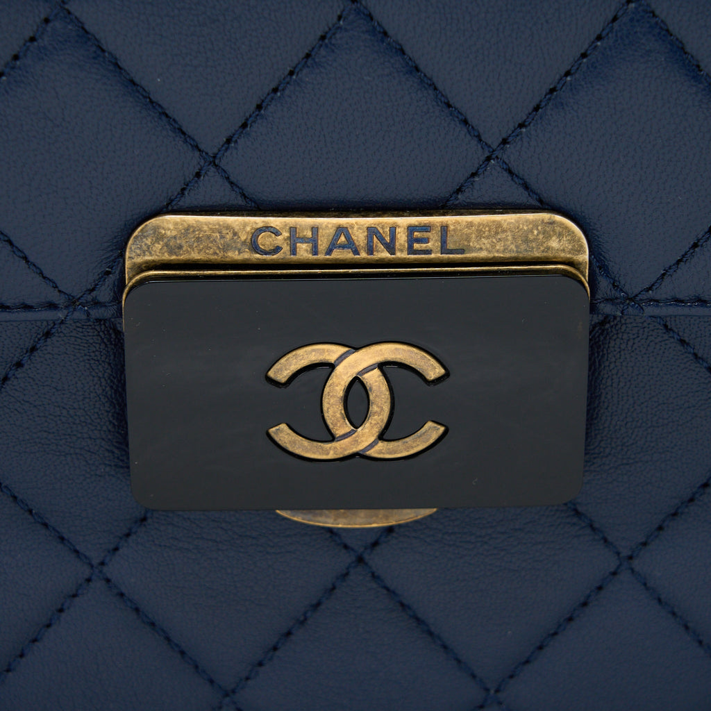 CHANEL QUILTED SHOULDER BAG GOATSKIN BLUE RUTHENIUM GHW