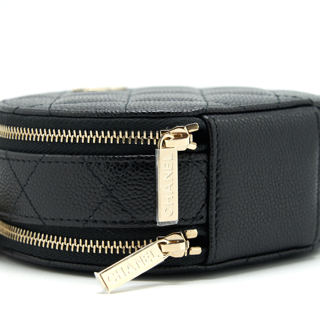 CHANEL 22C TOP HANDLE MINI ROUND VANITY ON CHAIN CAVIAR BLACK LGHW