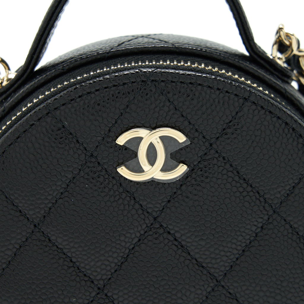CHANEL 22C TOP HANDLE MINI ROUND VANITY ON CHAIN CAVIAR BLACK LGHW